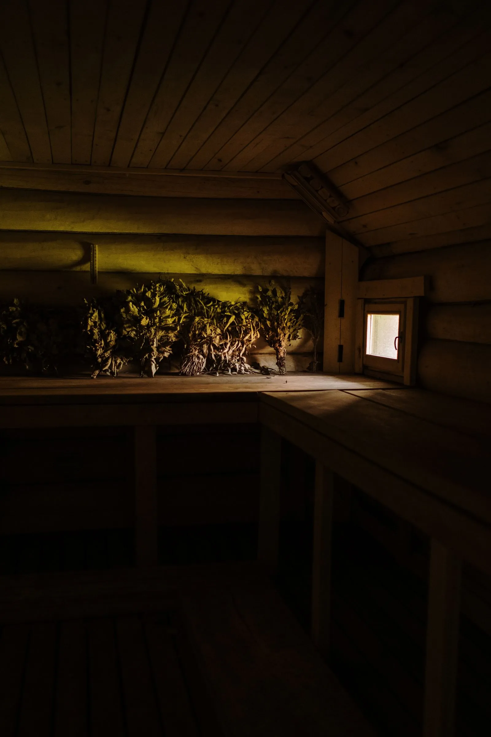 A person resting calmly on a bench in a warm sauna