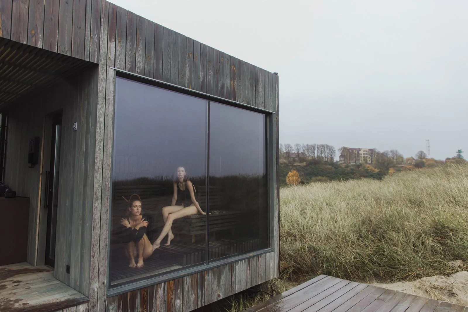 A calm, dimly lit sauna in the evening